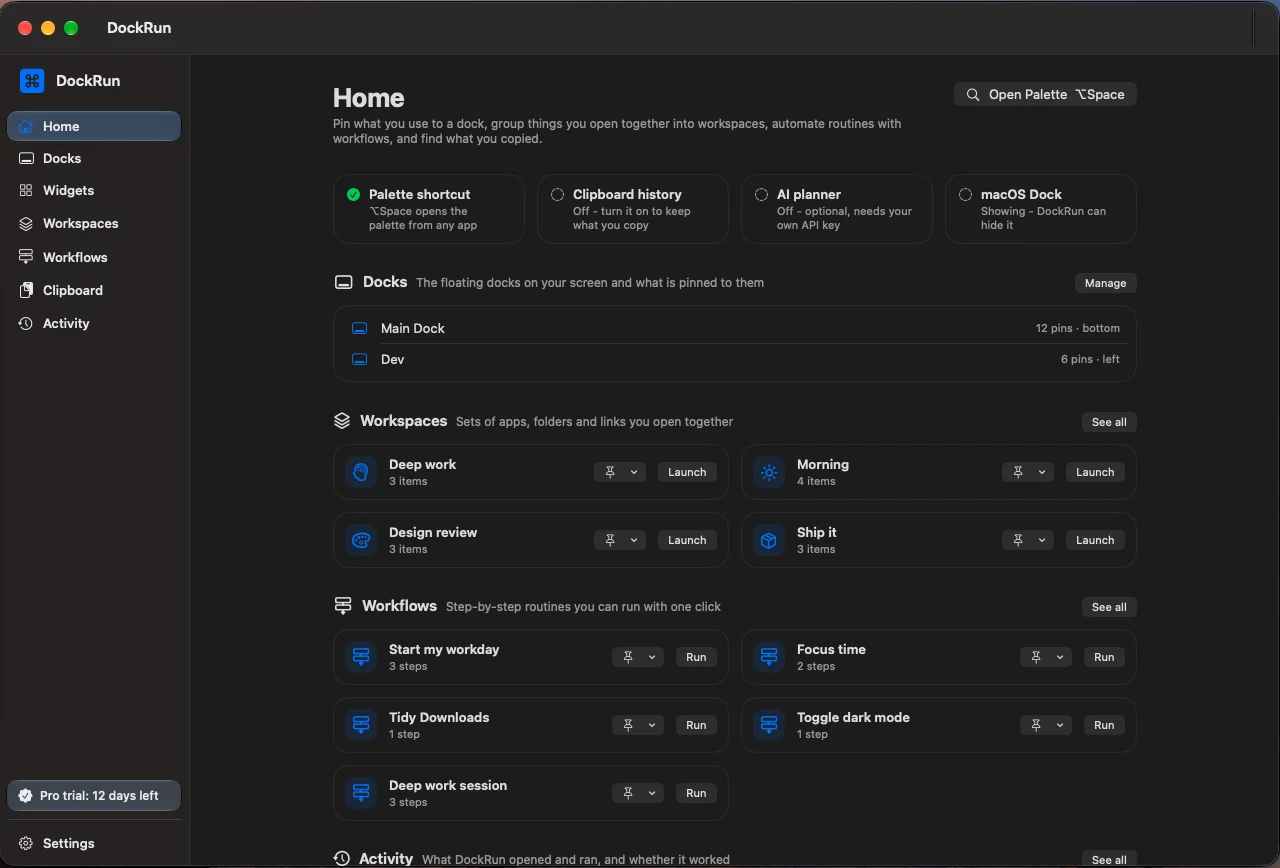 The DockRun hub: docks, workspaces and workflows in one place