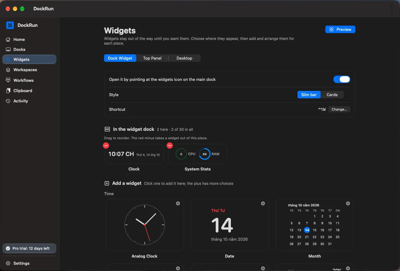 The DockRun widgets page with the clock and system stats widgets
