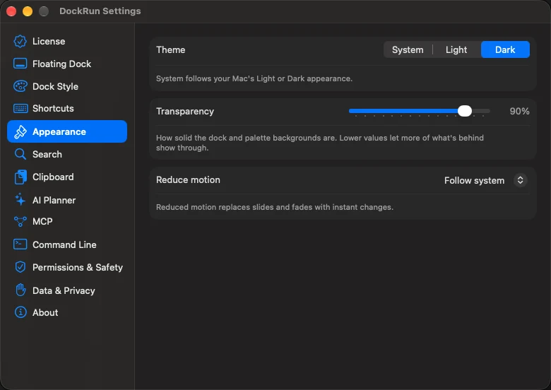 Settings > Appearance: theme, transparency and reduced motion