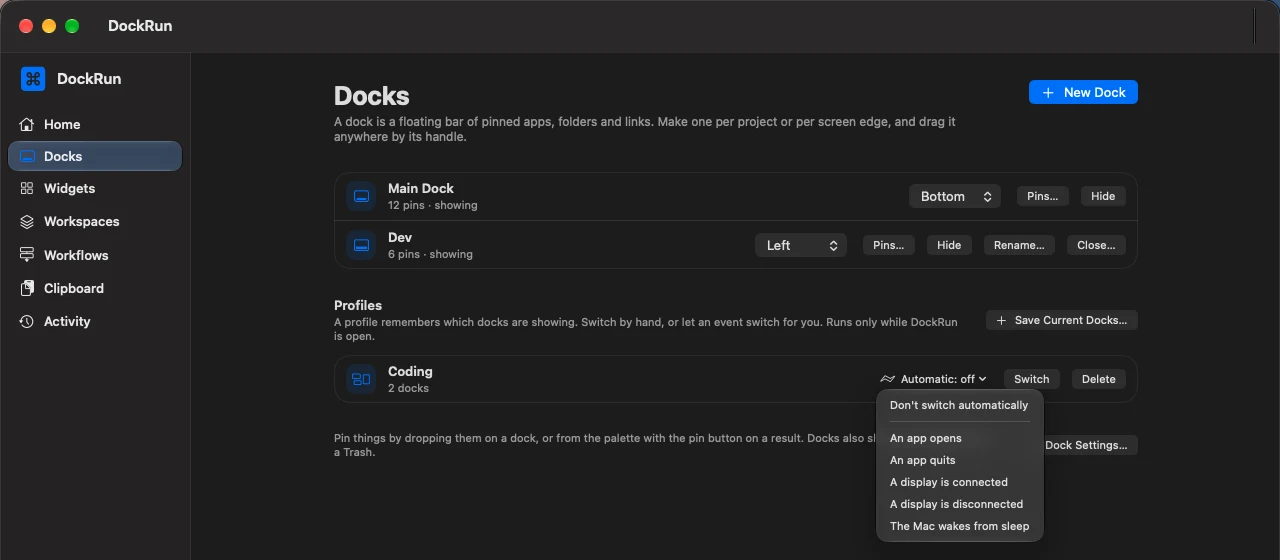 A saved dock profile with an automatic-switch menu