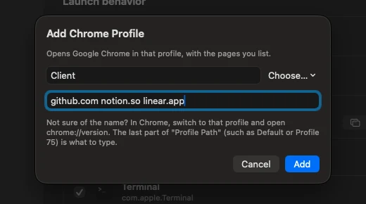 Add Chrome Profile dialog with a profile name and pages
