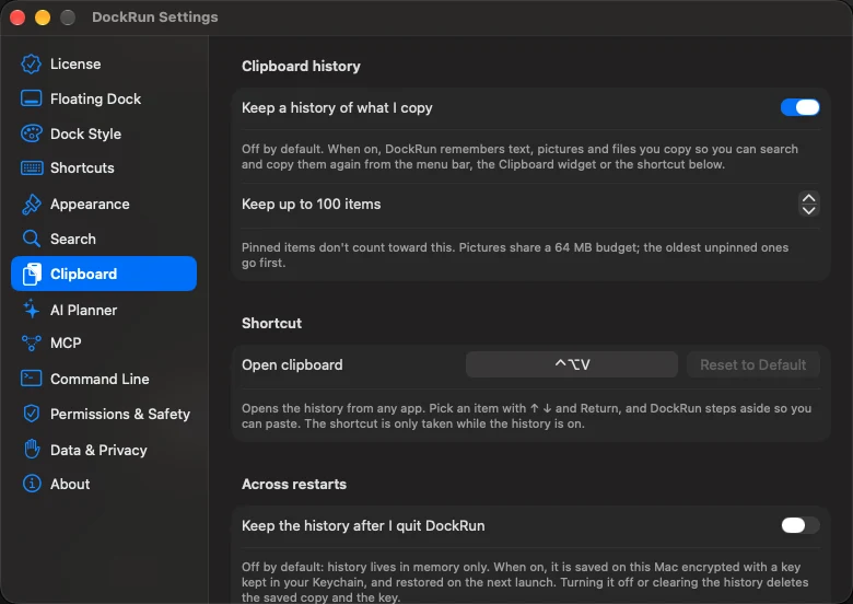 Settings > Clipboard: keep history across restarts