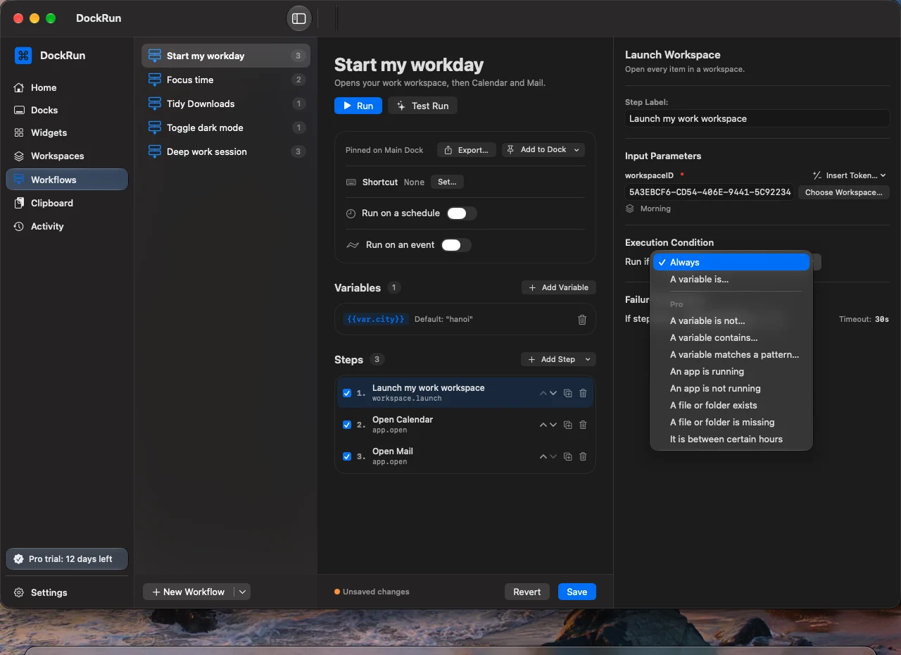 The Run if menu with its conditions
