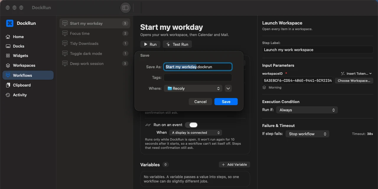 Exporting a workflow as a .dockrun file