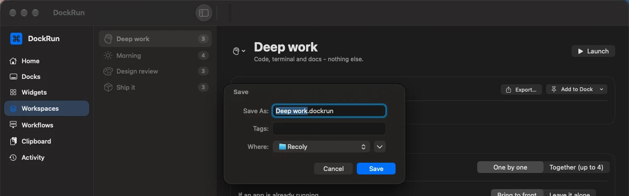 Saving a workspace as a .dockrun file