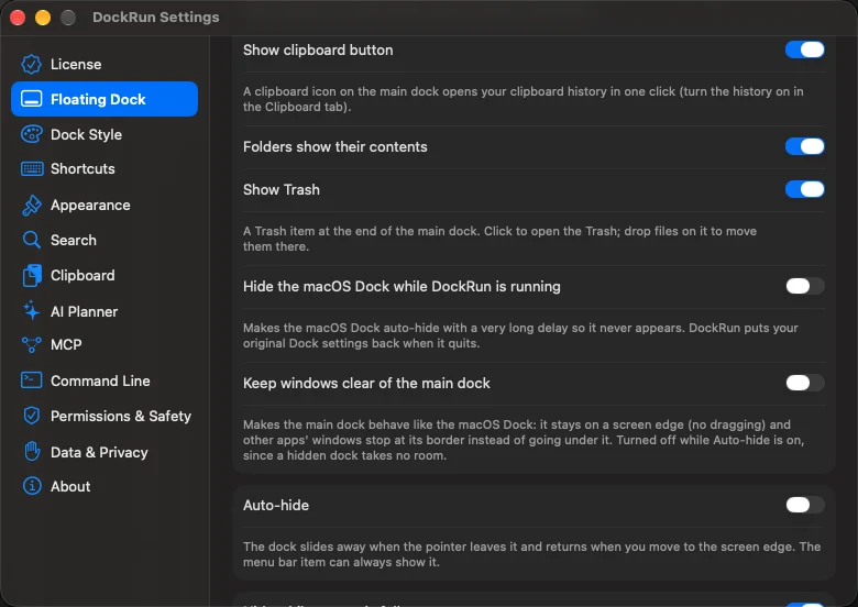 Settings > Floating Dock: folders show their contents