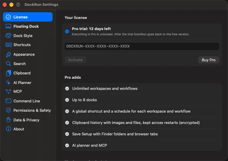 Settings > License: trial and activation