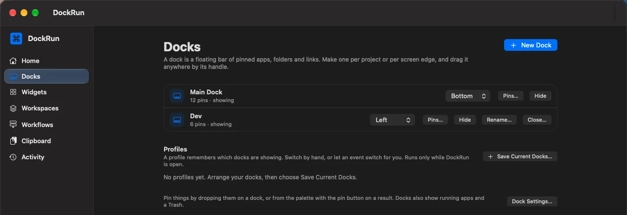 Docks page listing the Main dock and a Dev dock, each with its own edge