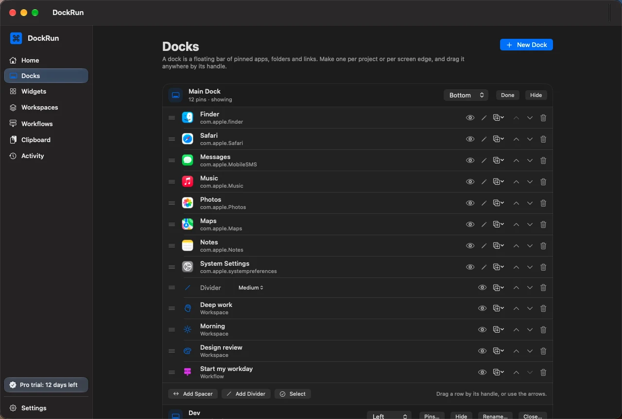The pin list of the main dock: apps, a divider, workspaces and a workflow