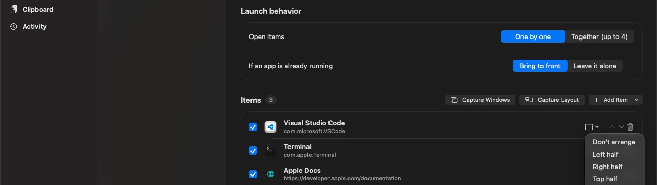 Choosing where a window goes from the item menu