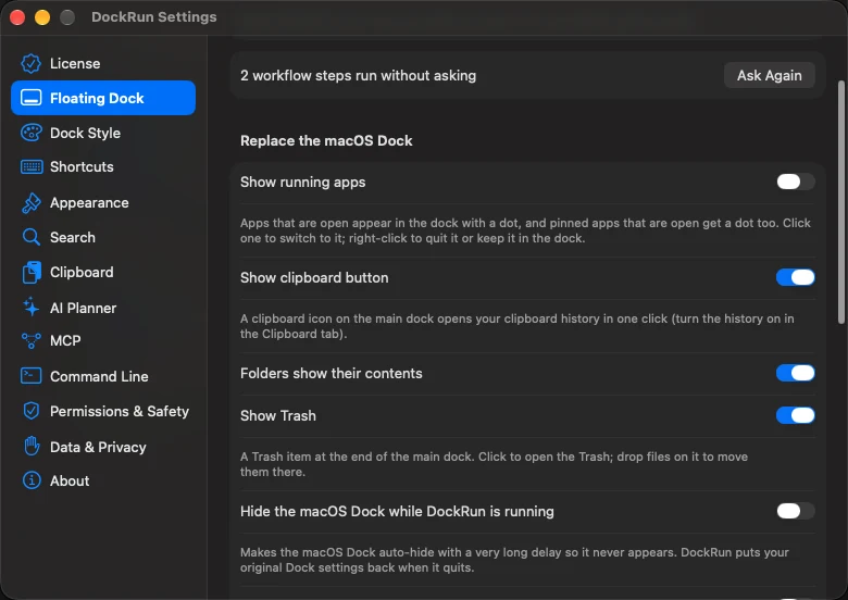 Settings > Floating Dock: options for replacing the macOS Dock