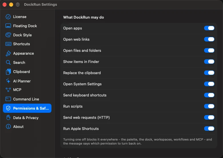 Settings > Permissions & Safety: what DockRun may do