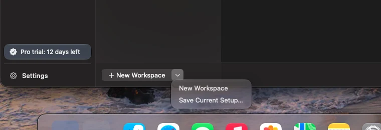 New Workspace menu with Save Current Setup