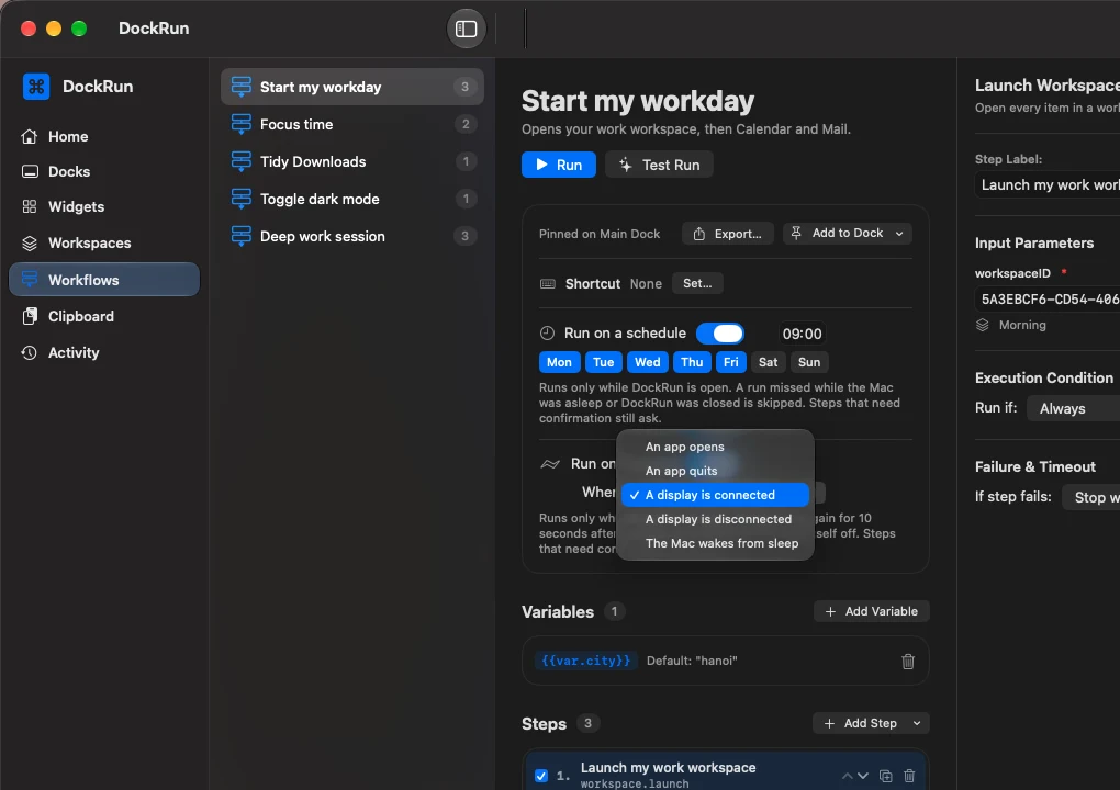 Event trigger choices: an app opens, an app quits, a display connects or disconnects, the Mac wakes