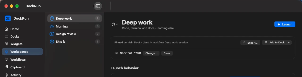 A workspace with a global shortcut and an Add to Dock menu