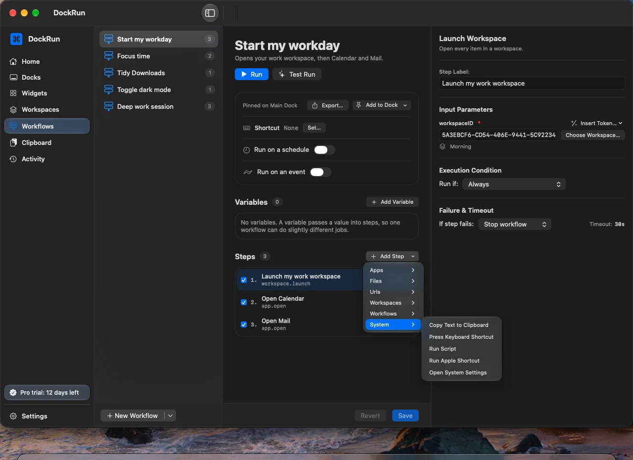 The Add Step menu: apps, files, URLs, workspaces, workflows and system actions