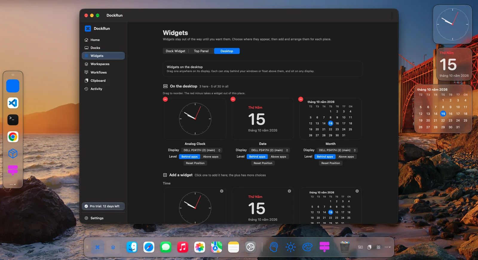 Widgets on the desktop beside the dock
