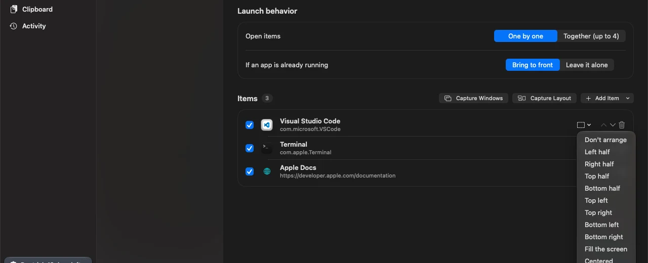 Window placement menu: left half, right half, top half and more