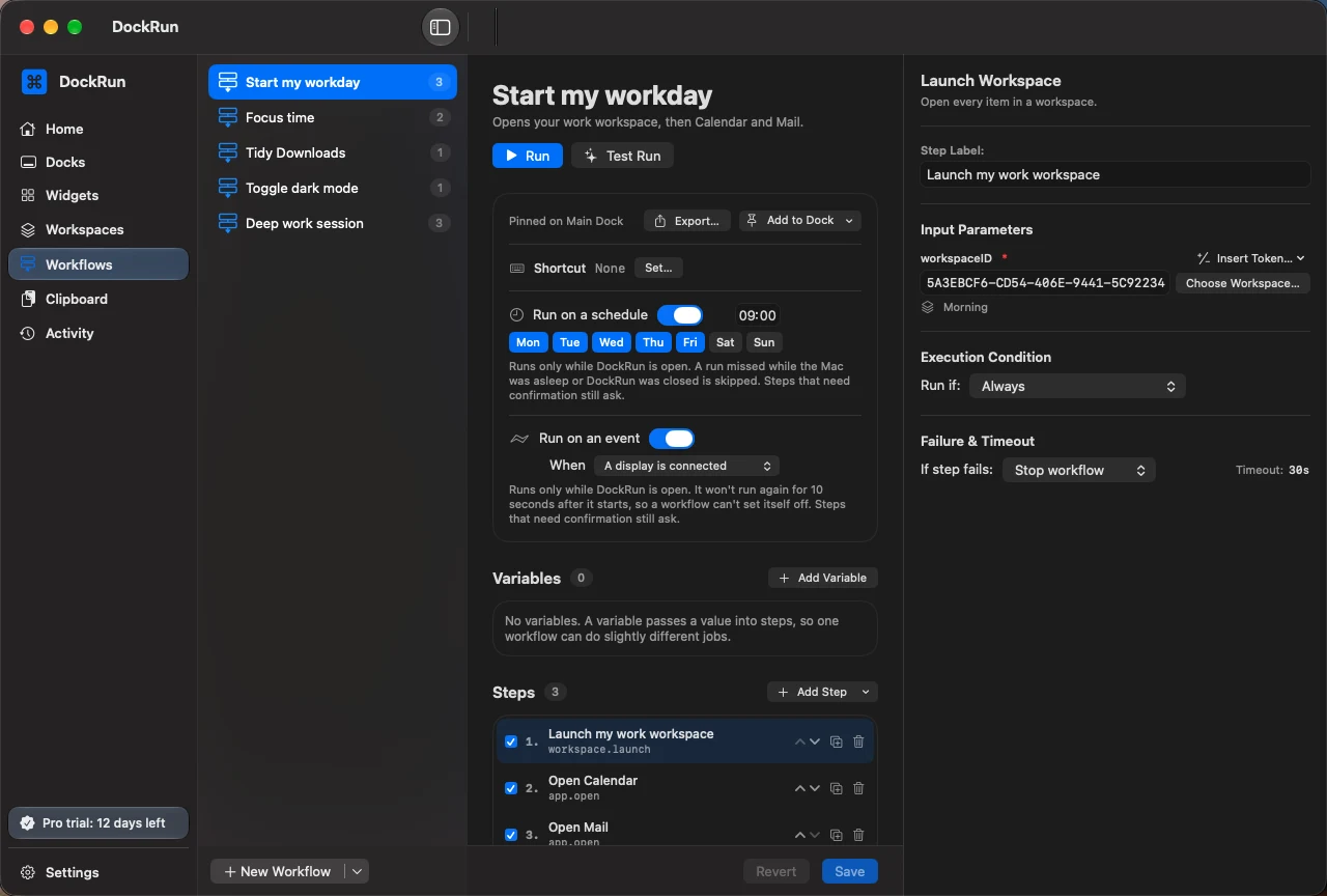 A workflow with steps, schedule, event trigger and step settings