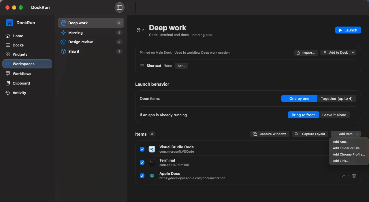 The workspace editor with its list of apps and links