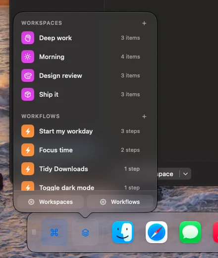 The workspaces and workflows menu opening from the dock